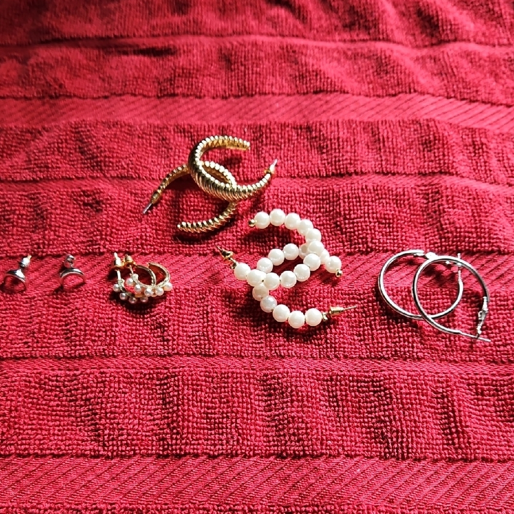 Gold-Tone and Pearl Hoop Earrings, Moons, Silver 5 Pairs Pierced Earrings
